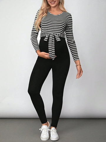 Maternity Striped Long Sleeve Jumpsuit