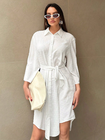 White Jacquard Texture Open Front Shirt Collar Casual Vacation Dress With Waist Tie And Sleeve Detail For Women