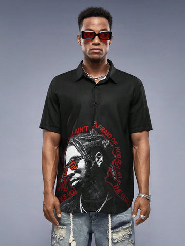 Men's Portrait Print Woven Short Sleeved Shirt