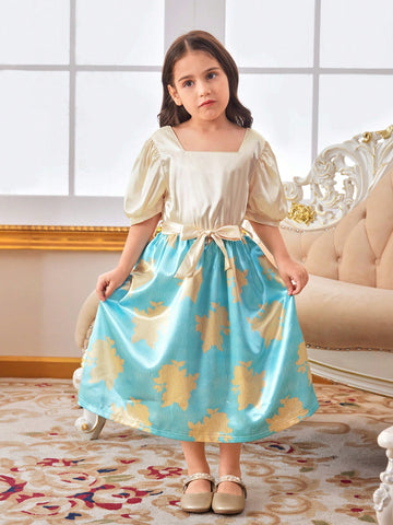 Glossy Satin Short Sleeve Embroidered Palace Style Belted Knee Length Dress, Perfect For Parties, Young Girls