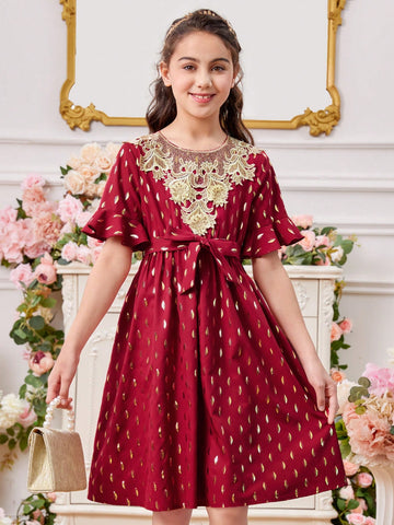 Tween Girls' Round Neck Dress With Lace Decorated Ruffle Sleeve And Hemline, Gold Foil Detailing