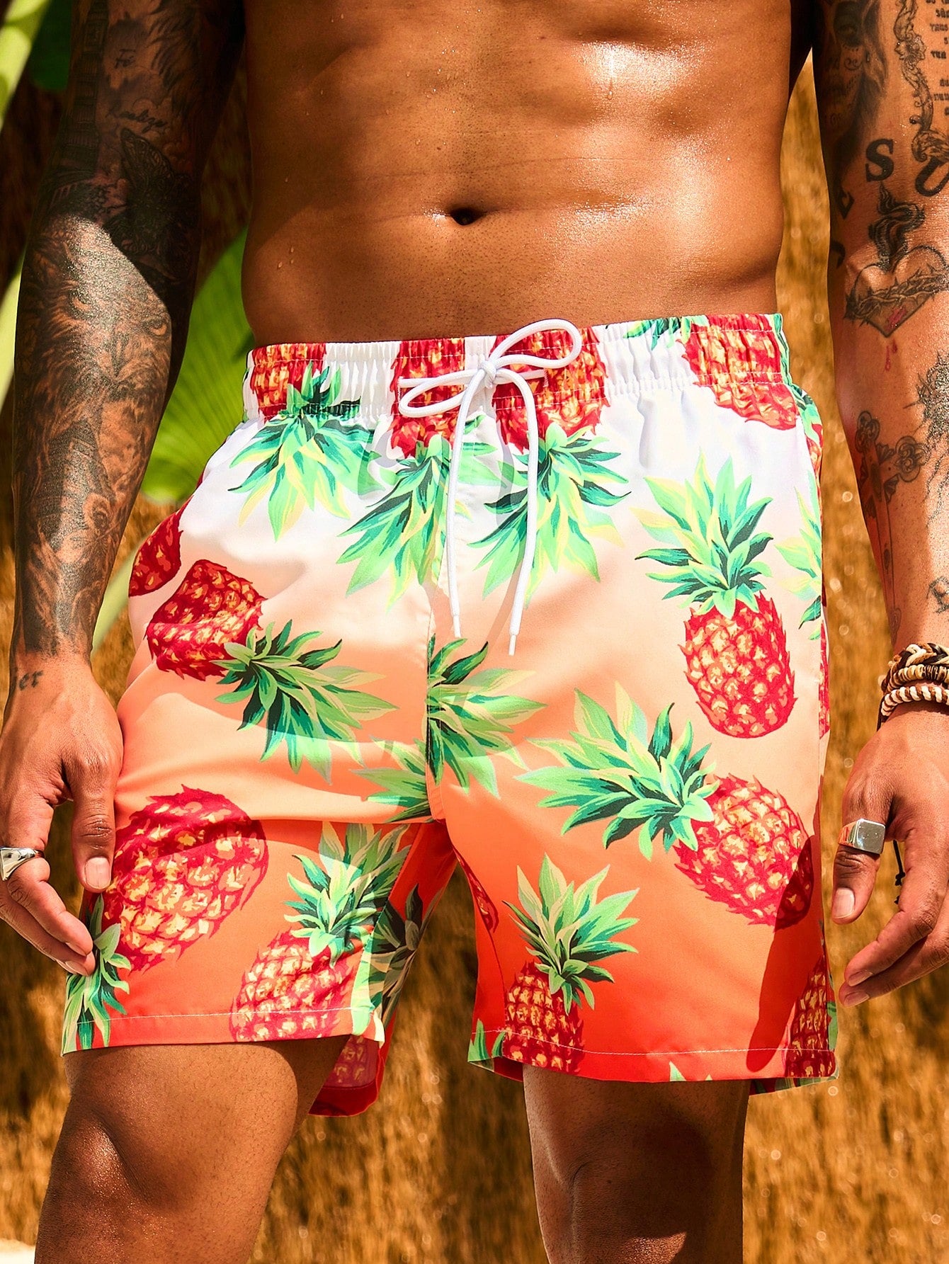 Men's Pineapple Print Drawstring Waist Beach Shorts