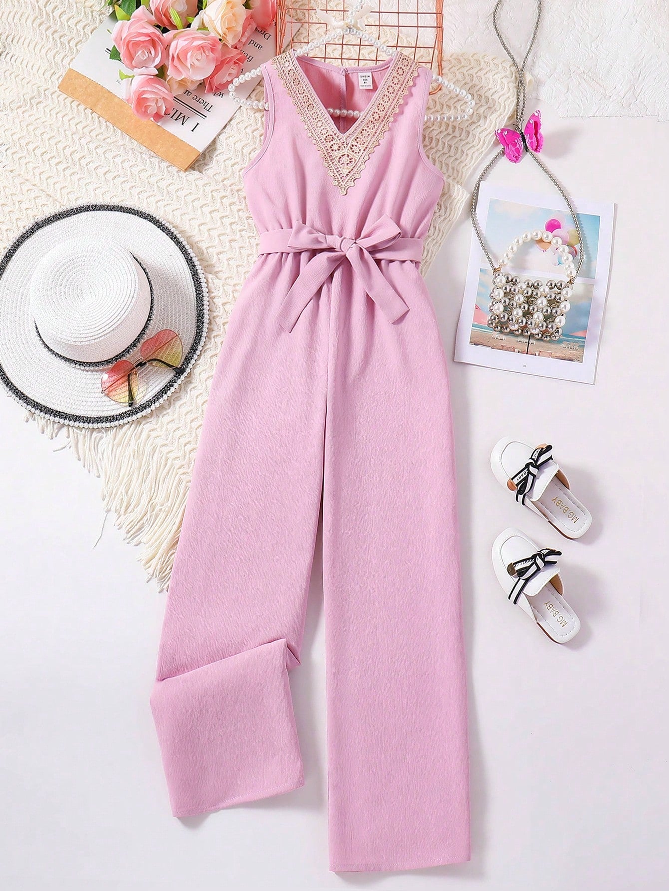 Tween Girl Summer New Arrival Elegant V-Neck Flower Lace Jumpsuit Pants