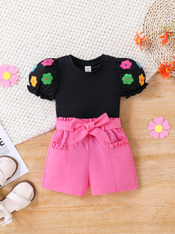 Baby Girl Cute Bubble Short Sleeve Top With Flower Print, Solid Belt Shorts Set For Summer Outfit