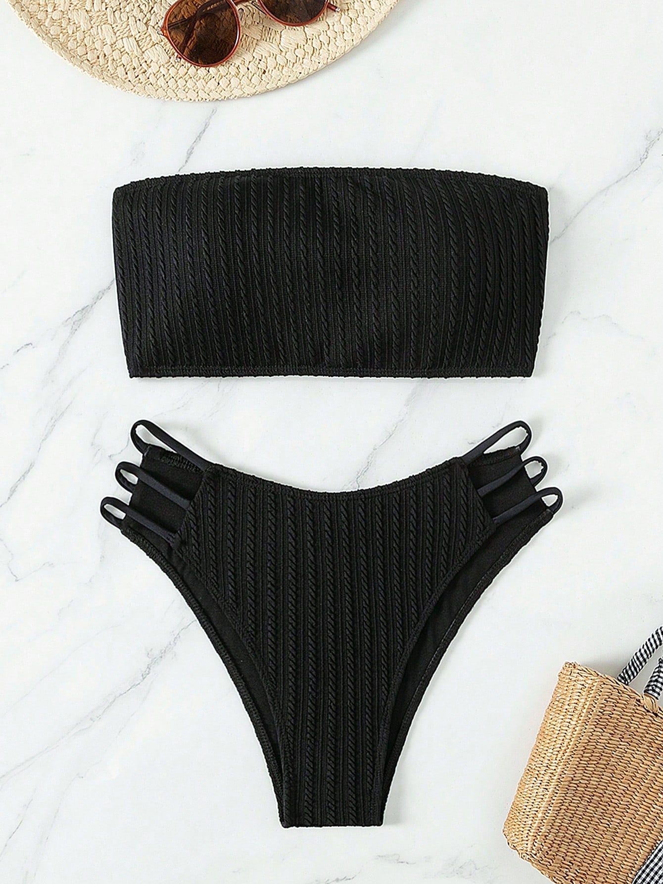 Women's Monochrome Hollow Out Texture Swimsuit Set