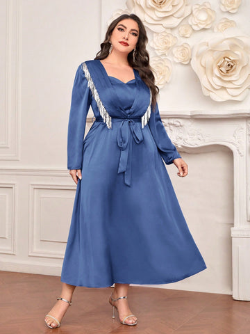 Plus Size Color Block Sequin Tassel Decorated Long Sleeve Belted Dress