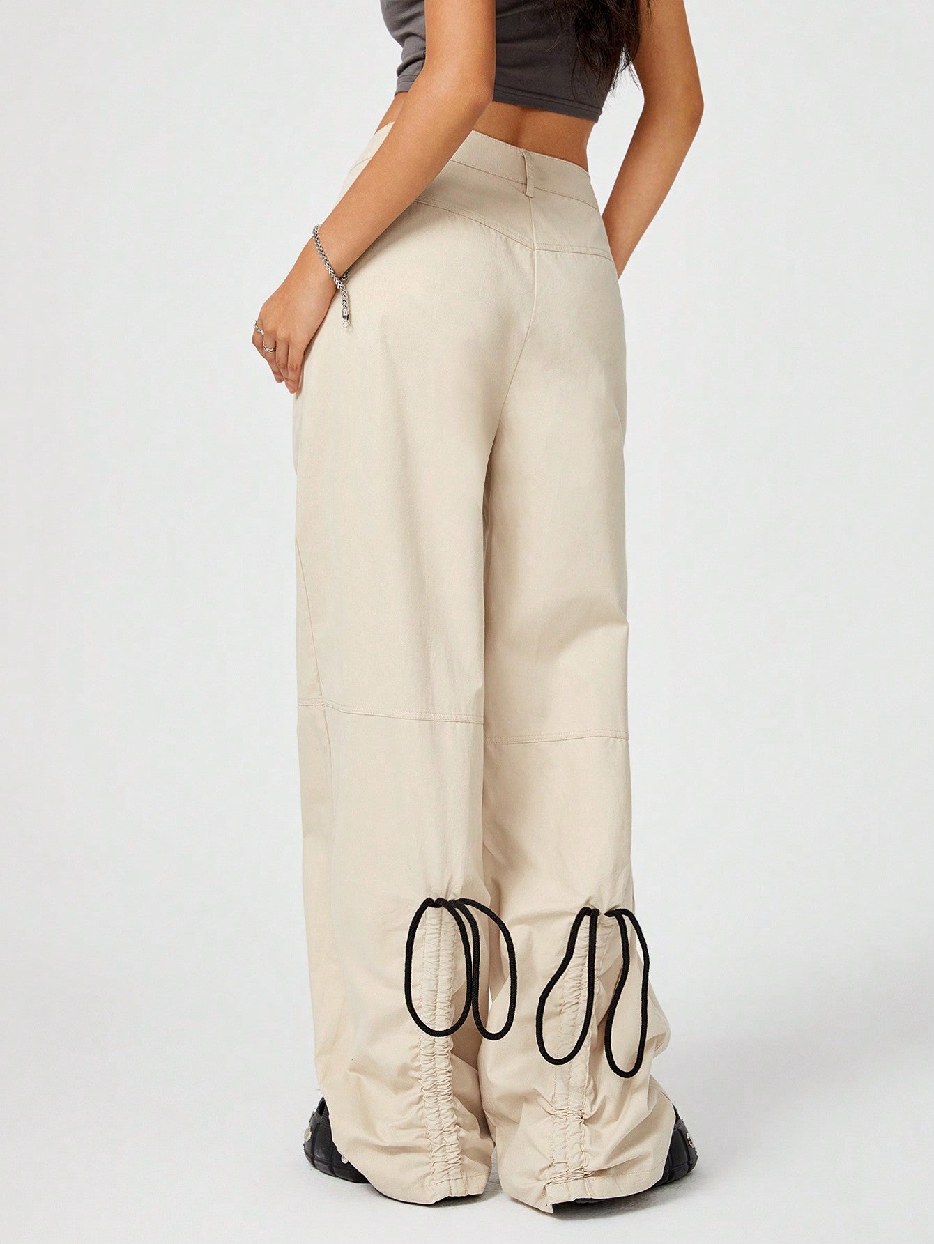 Multi-Functional Wide Leg Extra Long Cargo Pants With Back Tie And Drawstring