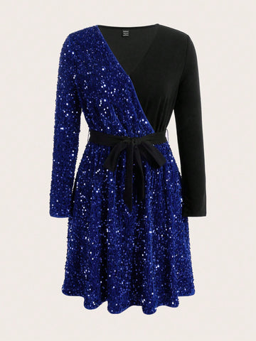 Ladies' Glitter Sequin Patchwork Wrap Dress