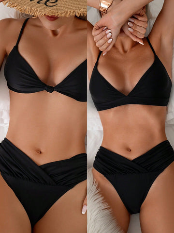 Women'S Solid Color Spaghetti Strap Bikini Top (2pcs) And Bottom (1pc) Swimsuit Set