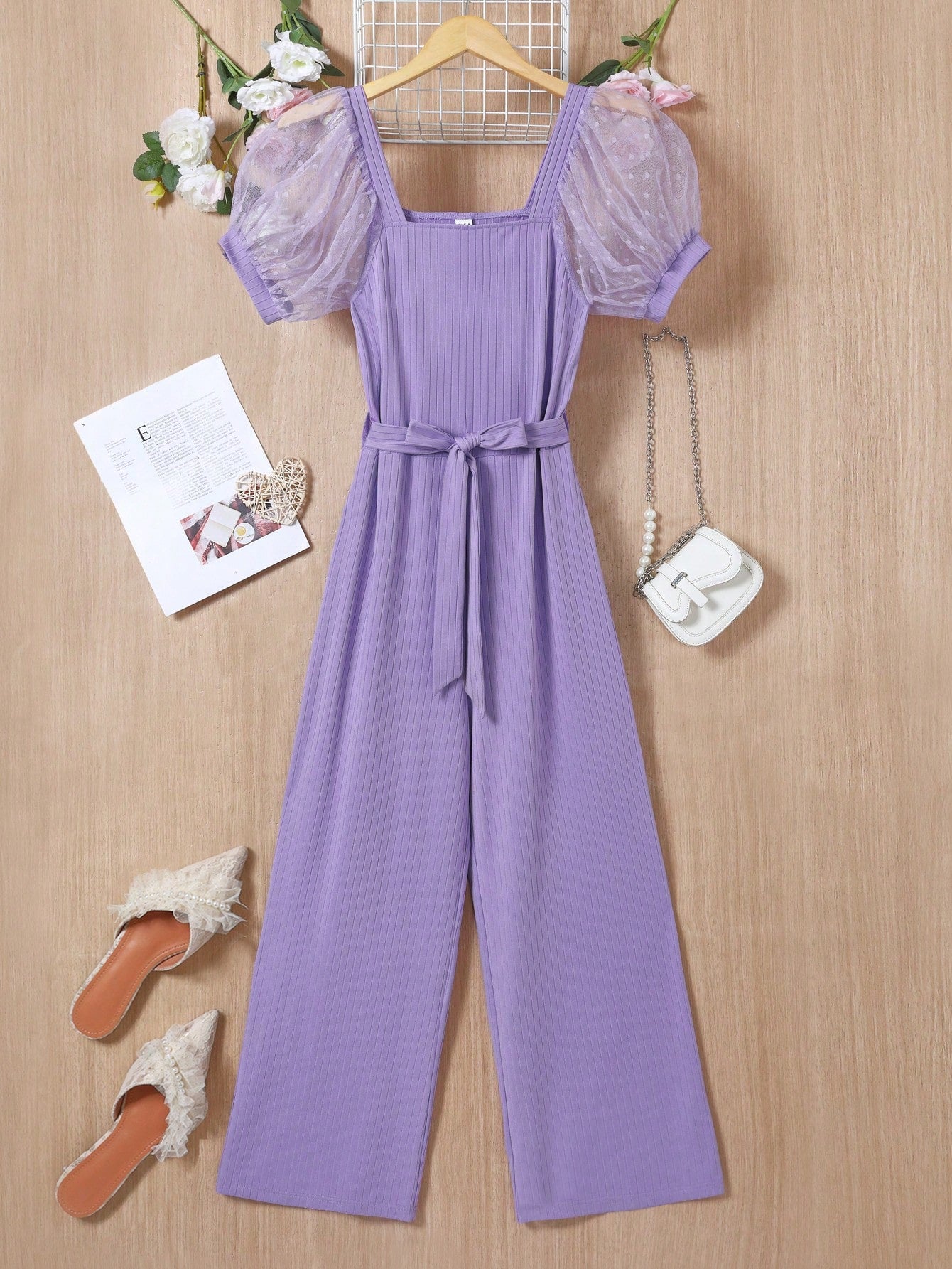 Mesh Splicing Belted Puff Sleeve Jumpsuit