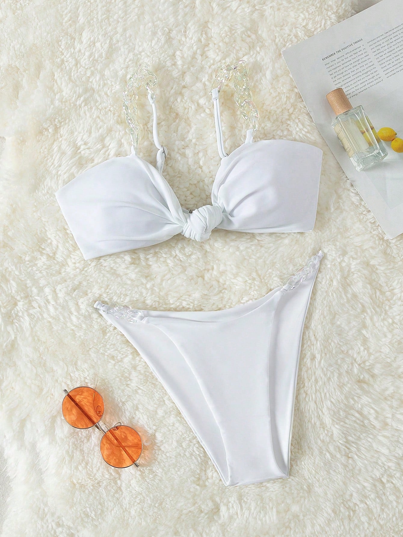 Split Type Swimsuit With Transparent Chain Design And Front Knot