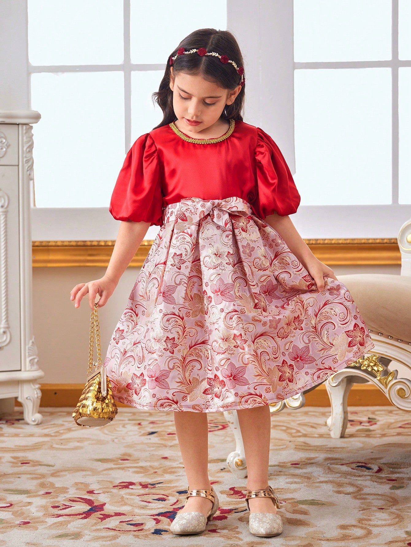 Toddler Girls' New Summer Puff Sleeve Vintage European-Style Court Dress With Pleated Skirt