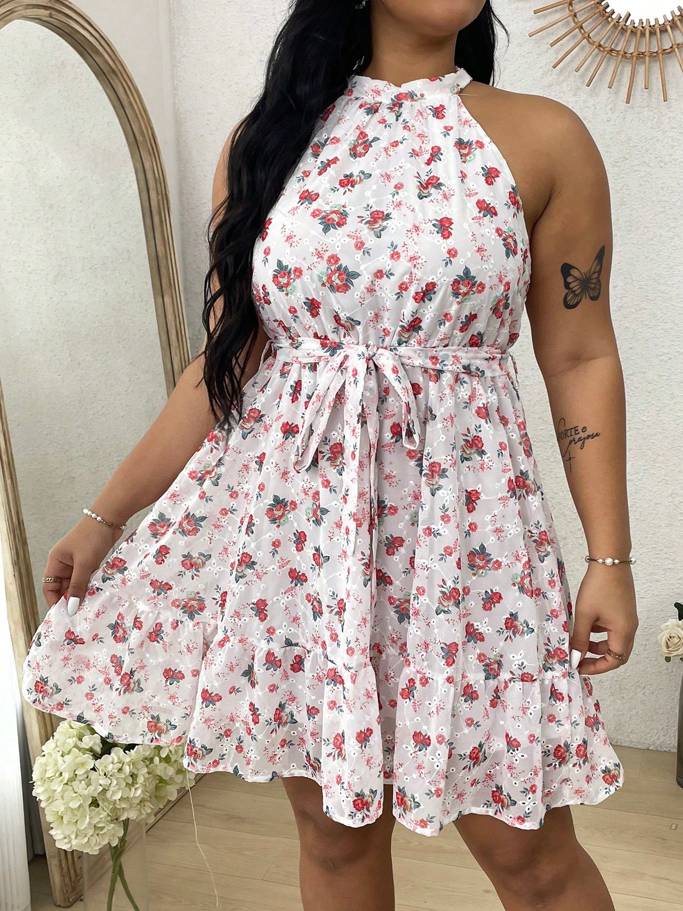 Plus Size Women's Floral Print Halter Neck Dress