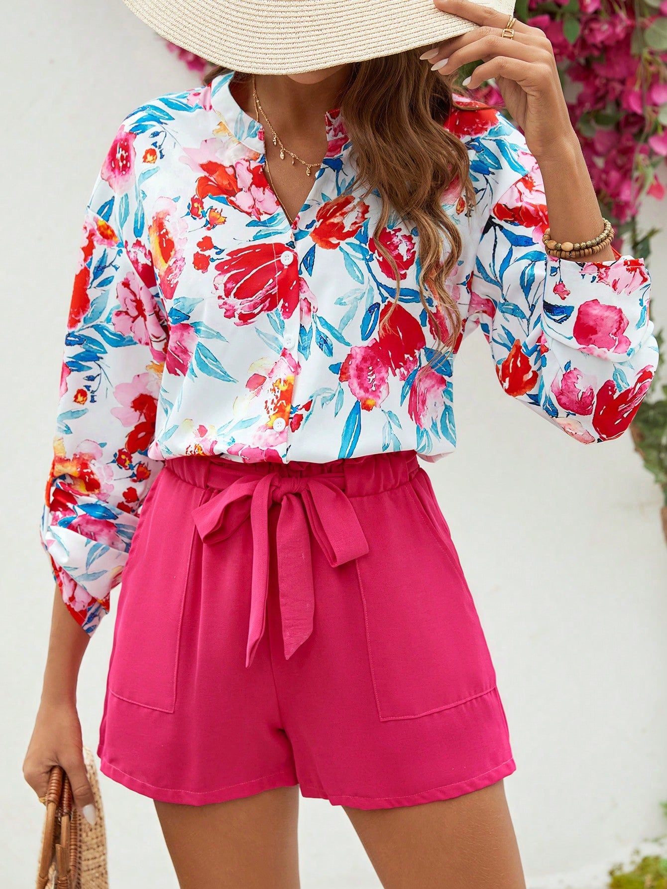 Women's Floral Printed Frill Trim Long Sleeve Shirt And Shorts Set