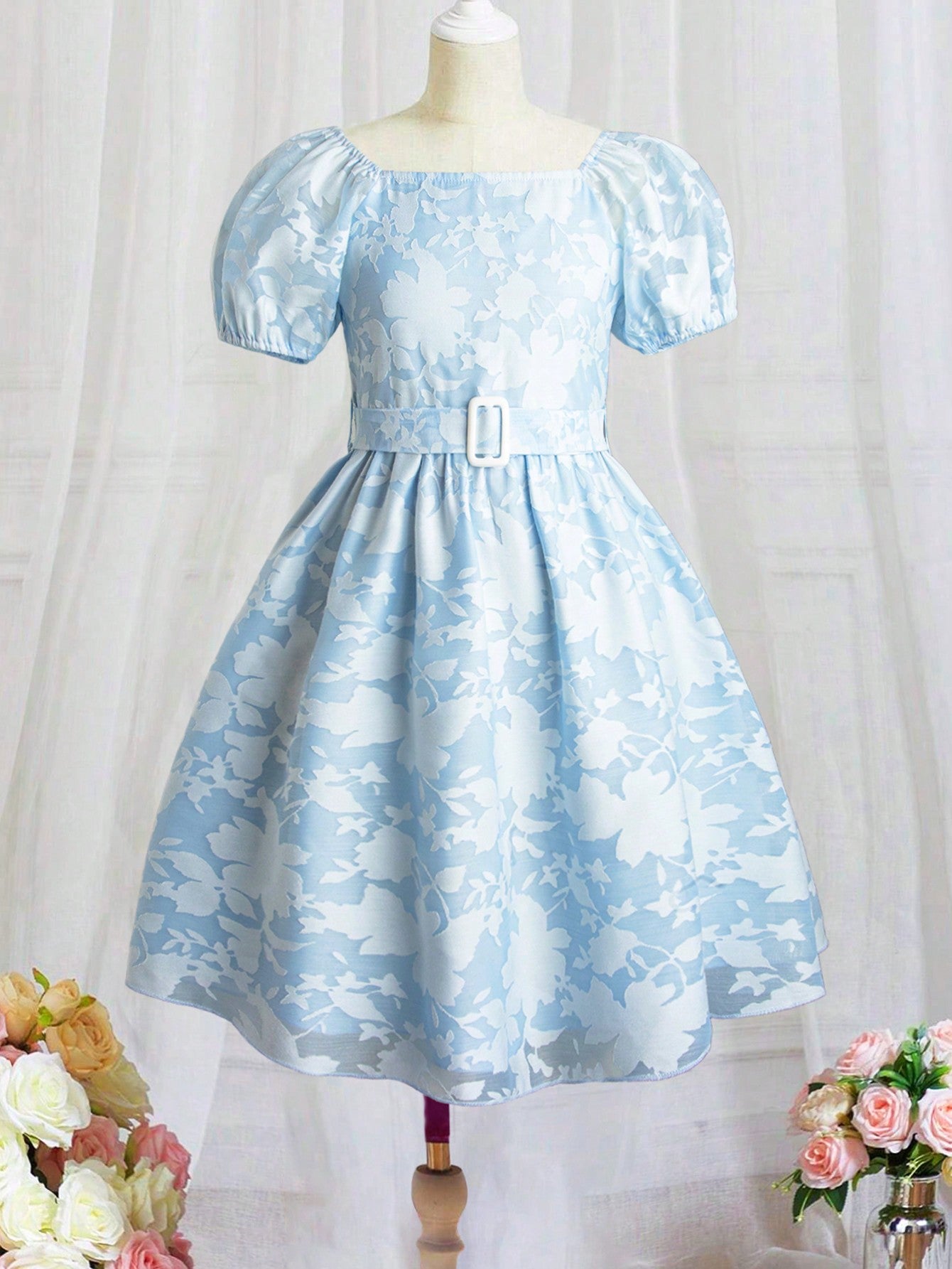 Tween Girl's Elegant Bubble Sleeve Belted Dress