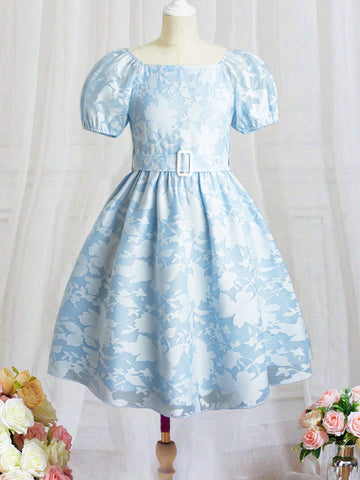 Tween Girl's Elegant Bubble Sleeve Belted Dress