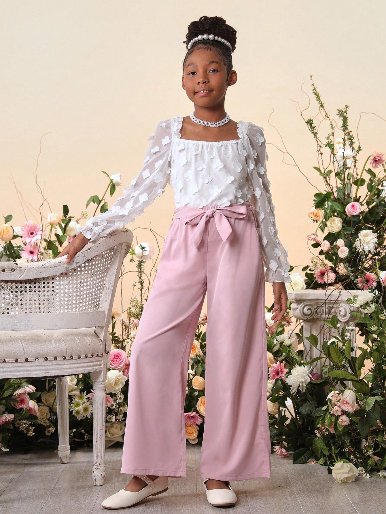 Tween Girl Wedding Season Square-Neck Long Sleeve Top And Wide-Leg Pants