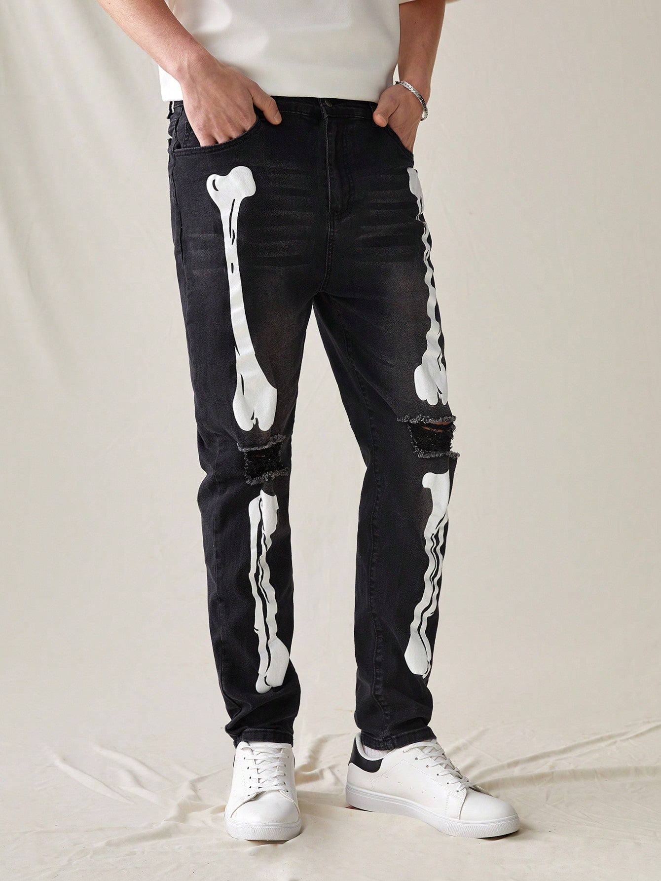 Men's High Stretch Slim Fit Pattern Print Water Washed Distressed Fashionable Casual Denim Skinny Jeans