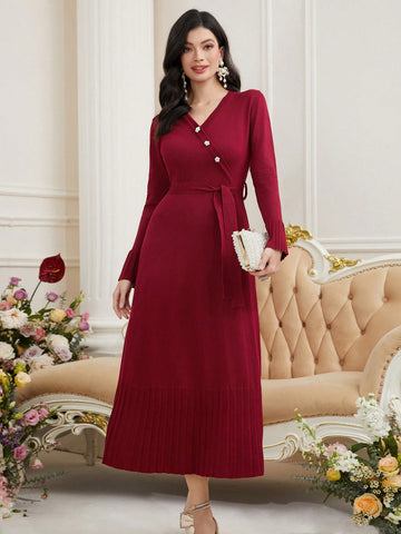 Women's V-neck Belted Sweater Dress