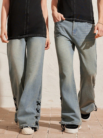 1pc Vintage Cross Detailing Below Ankle Length Denim Pants For Casual Wear