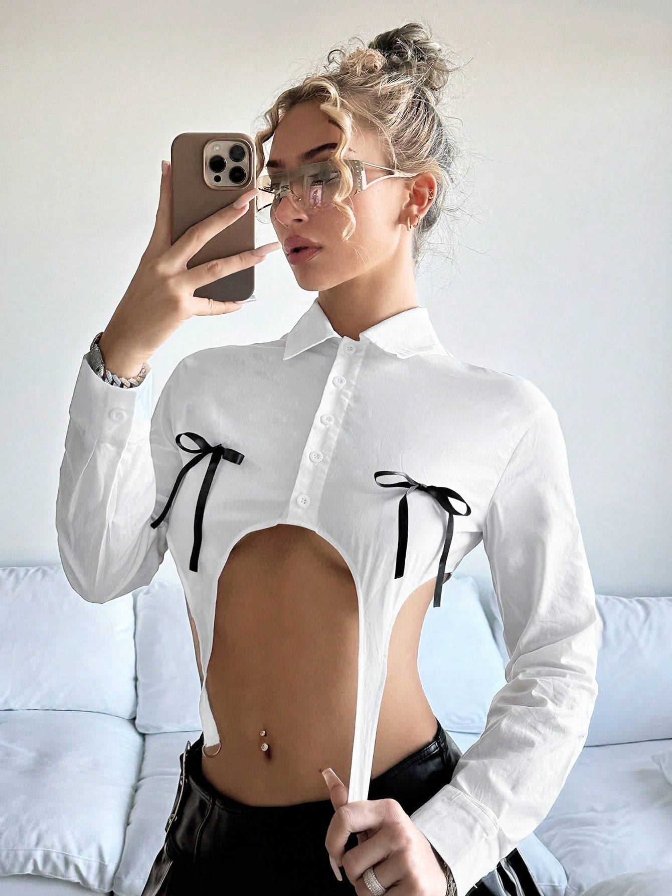 Asymmetrical Hem Bowknot Decor Ultra Y2k White Short Shirt