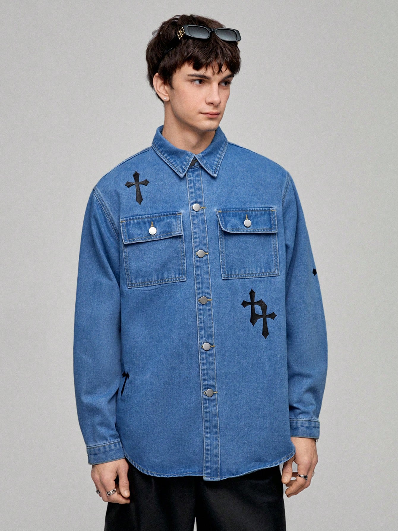 Men's Cross Pattern Long Sleeve Denim Shirt