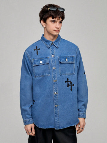 Men's Cross Pattern Long Sleeve Denim Shirt