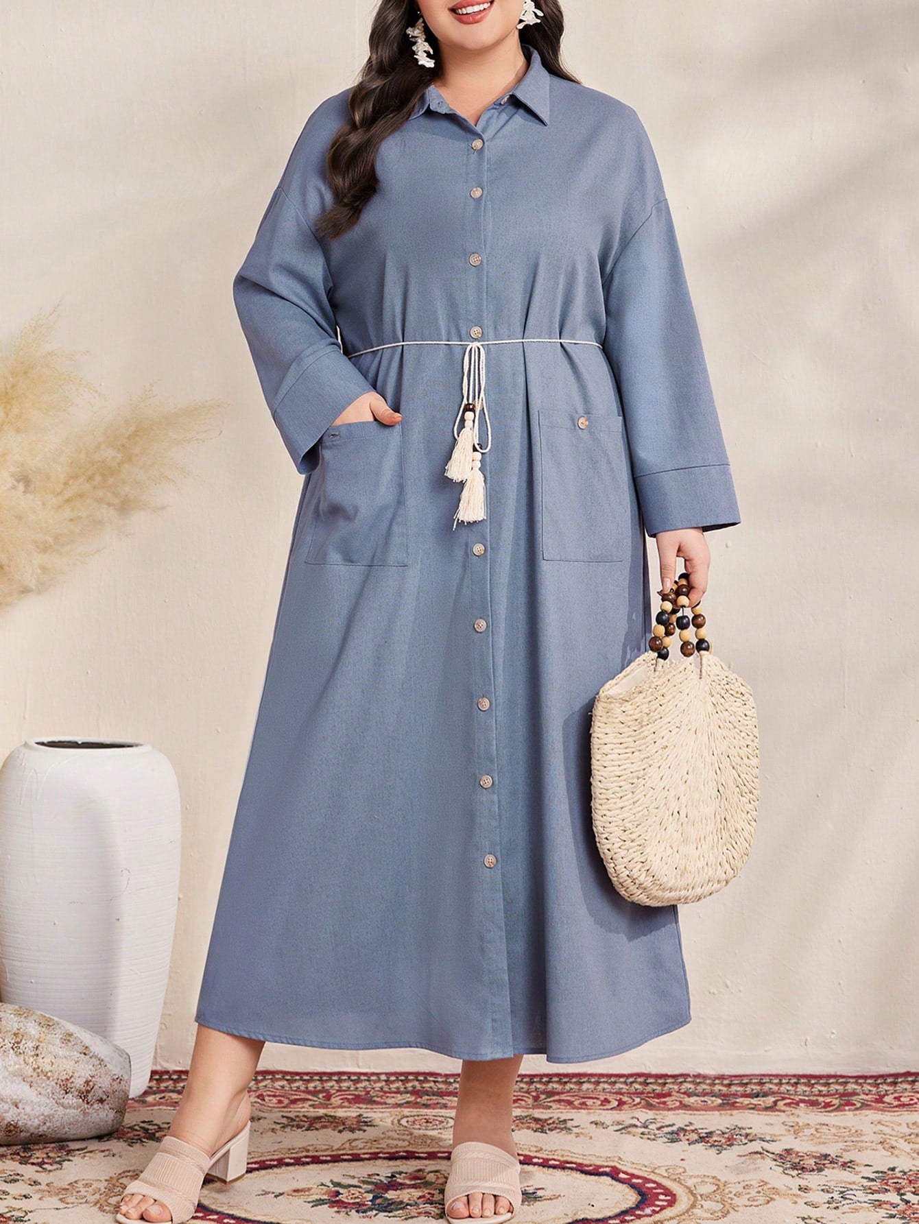 Plus Size Women's Drop Shoulder Long Sleeve Shirt Dress