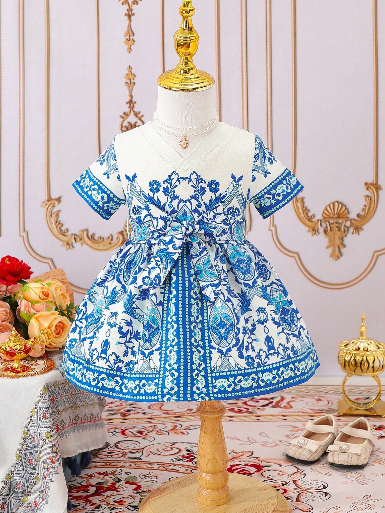 New Arrival Baby Girl Floral Short Sleeve Belted Dress