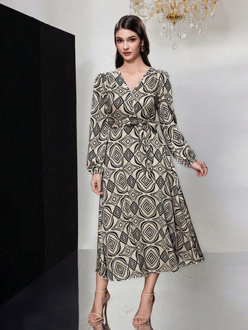 Ladies' Geometric Printed Lantern Sleeve Dress