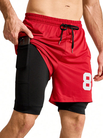 Men's Digital Pattern Side Stripe Double Layer Sports Shorts With Pocket