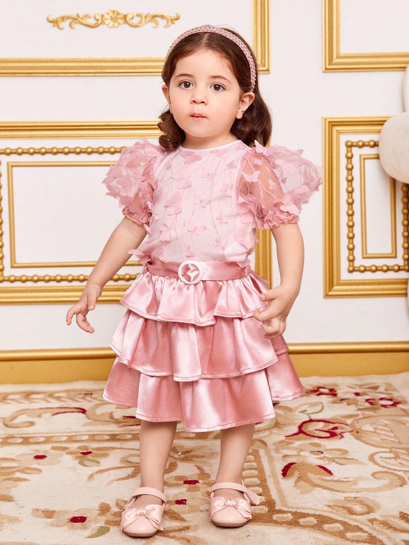 Baby Girl Elegant Cute 3d Butterfly Mesh Short Sleeve Top With Satin Belt And Layered Skirt Set