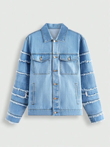 Men's Loose Fit Denim Jacket With Raw Hem