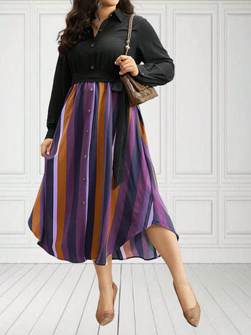 Plus Size Women's Striped Print Shirt Dress