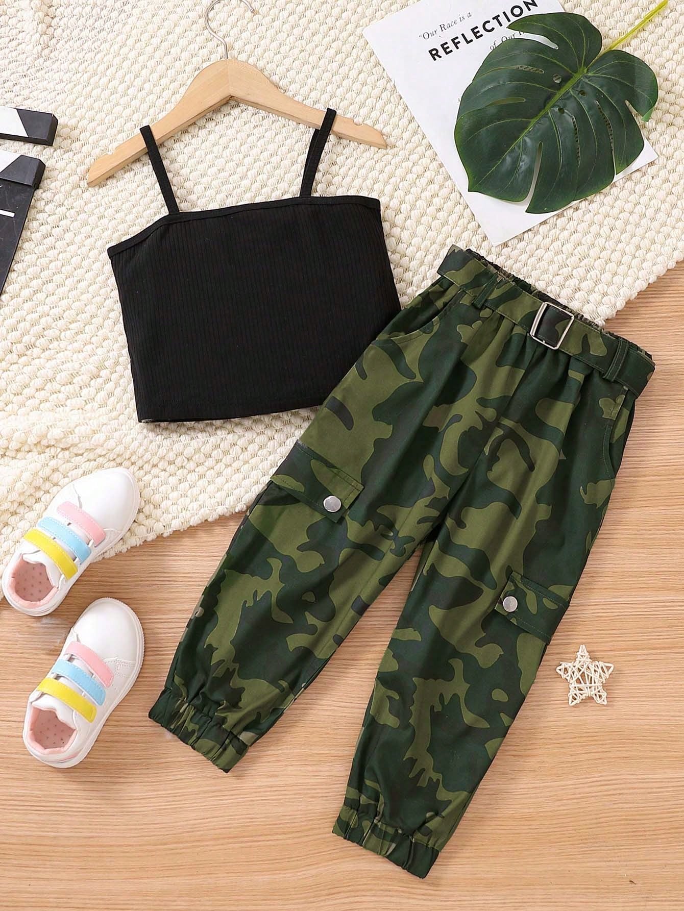 Toddler Girls Cami Top & Camo Print Belted Cargo Pants