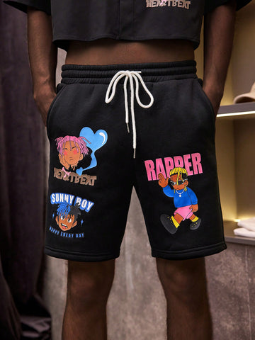 Men's Cartoon And Letter Printed Knitted Casual Shorts