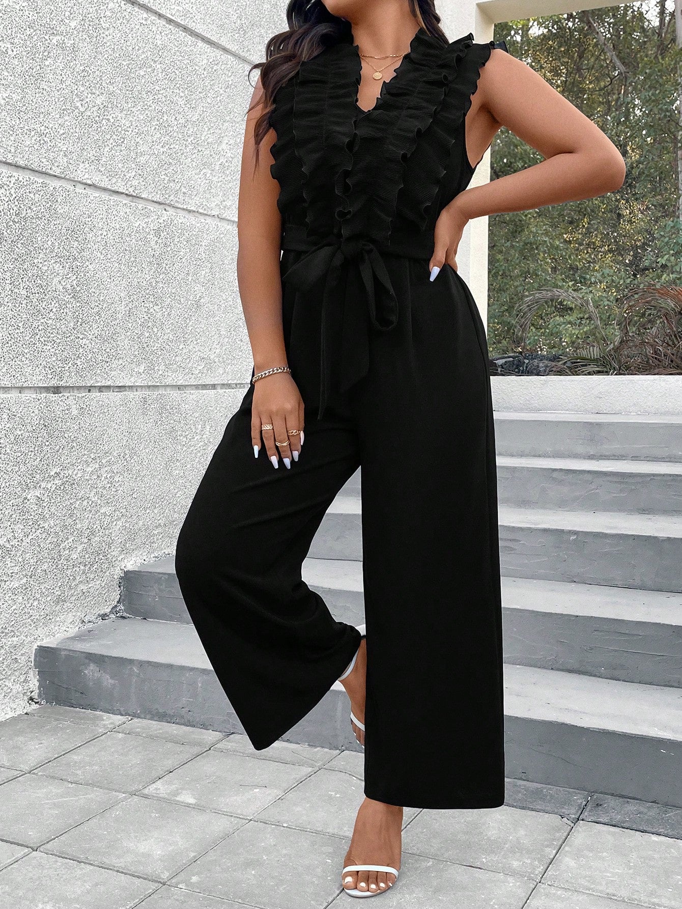 Plus Size Solid Color Ruffled Jumpsuit