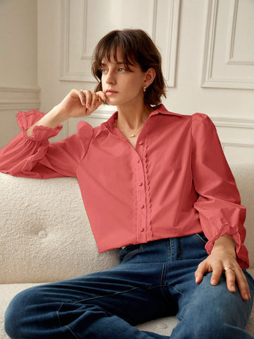 Solid Lace Trim Button Front Shirt