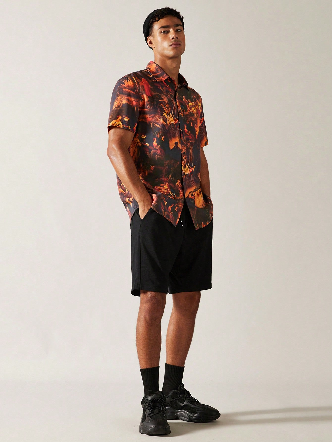 Woven Short Sleeve Shirt With Oil Painting Print