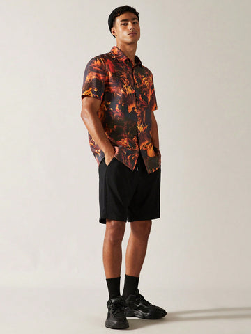 Woven Short Sleeve Shirt With Oil Painting Print