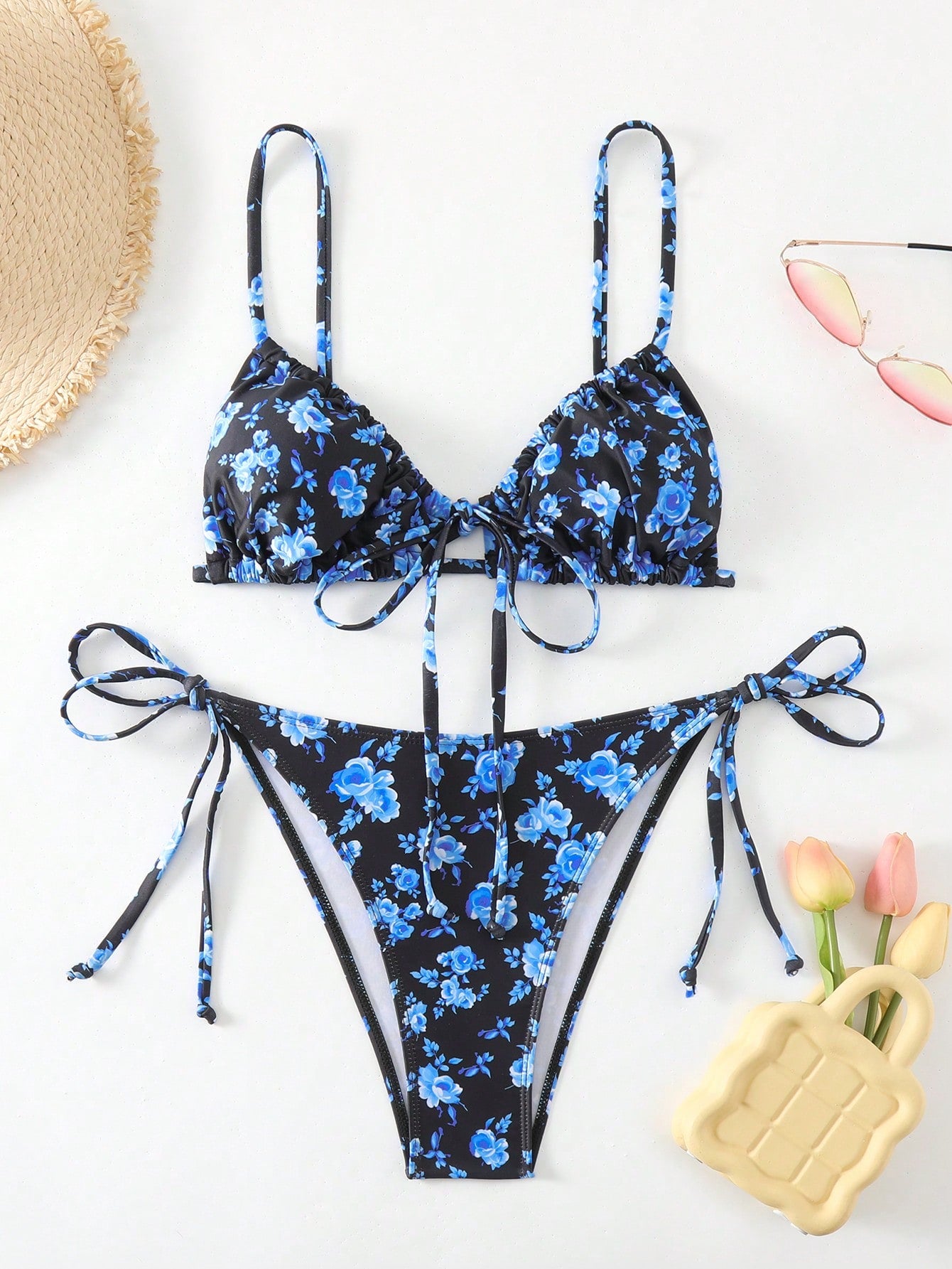 Flower Print Tie-Up Bikini Swimwear Set