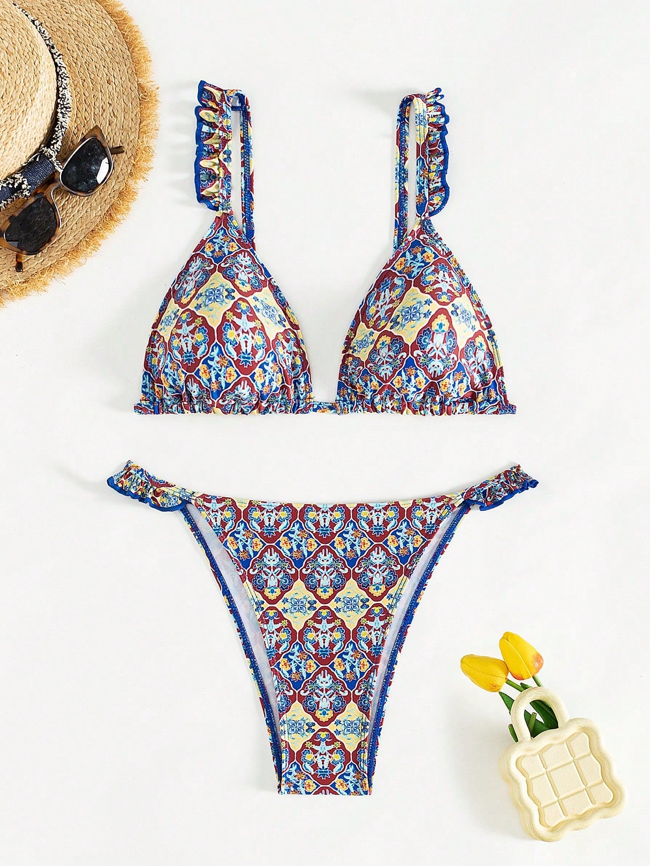 Floral Printed V-Neck Bikini Set With Ruffle Trim