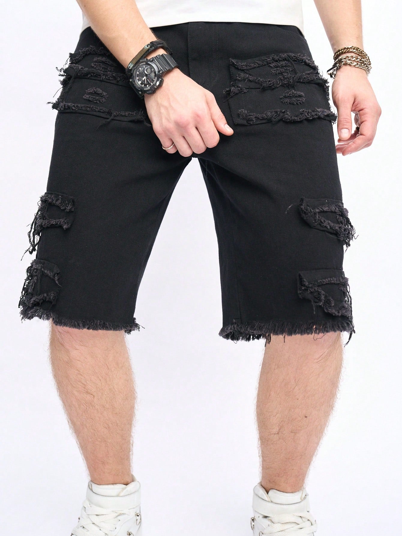 Men'S Solid Color Frayed Edge Denim Shorts