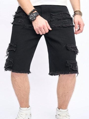 Men'S Solid Color Frayed Edge Denim Shorts