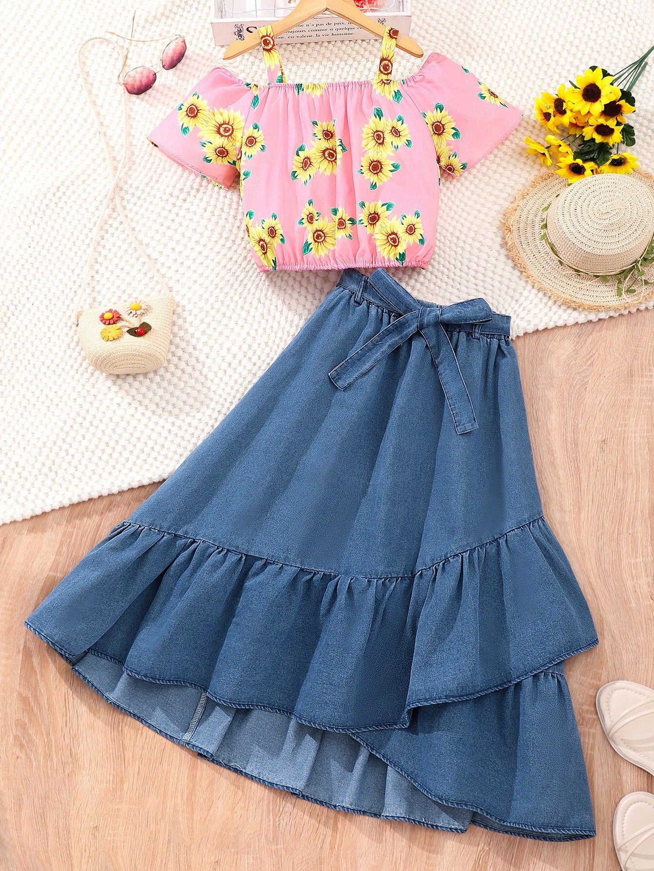 Top & Denim Maxi Skirt Two Piece Set With Printed Top