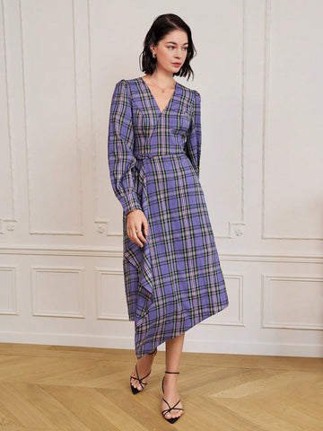 Puff Sleeve Irregular Hem Tartan Dress