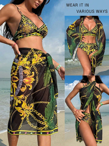 Full Print Bikini Set + Knotted Side Swim Skirt Carnival