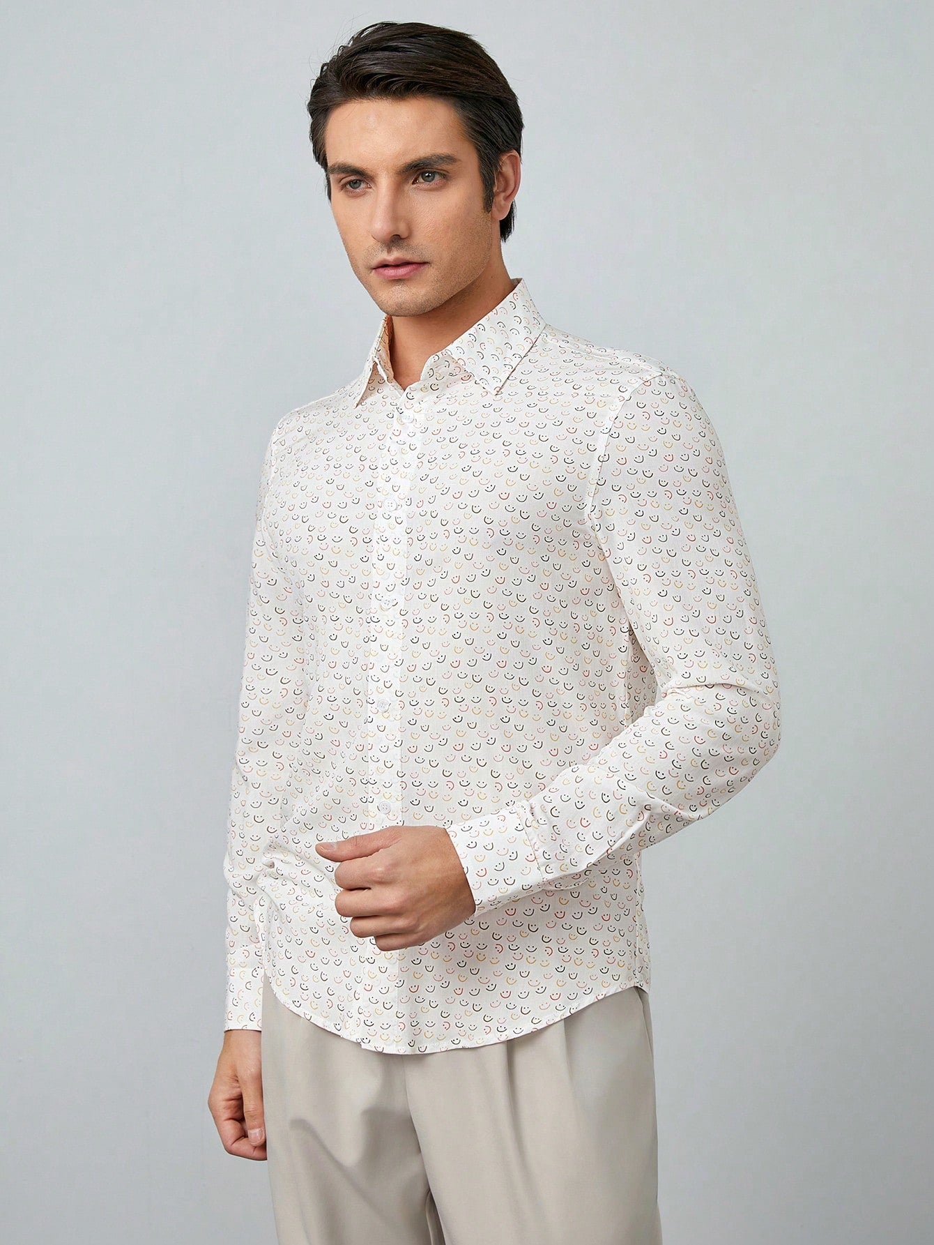 Men's All-Over Woven Long Sleeve Shirt With Face Pattern