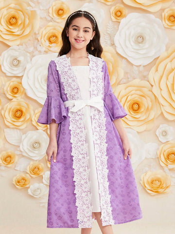 Tween Girls' Loose Fit Long Outerwear Vestido With Flare Sleeve & Lace Embellishment Two Piece Set