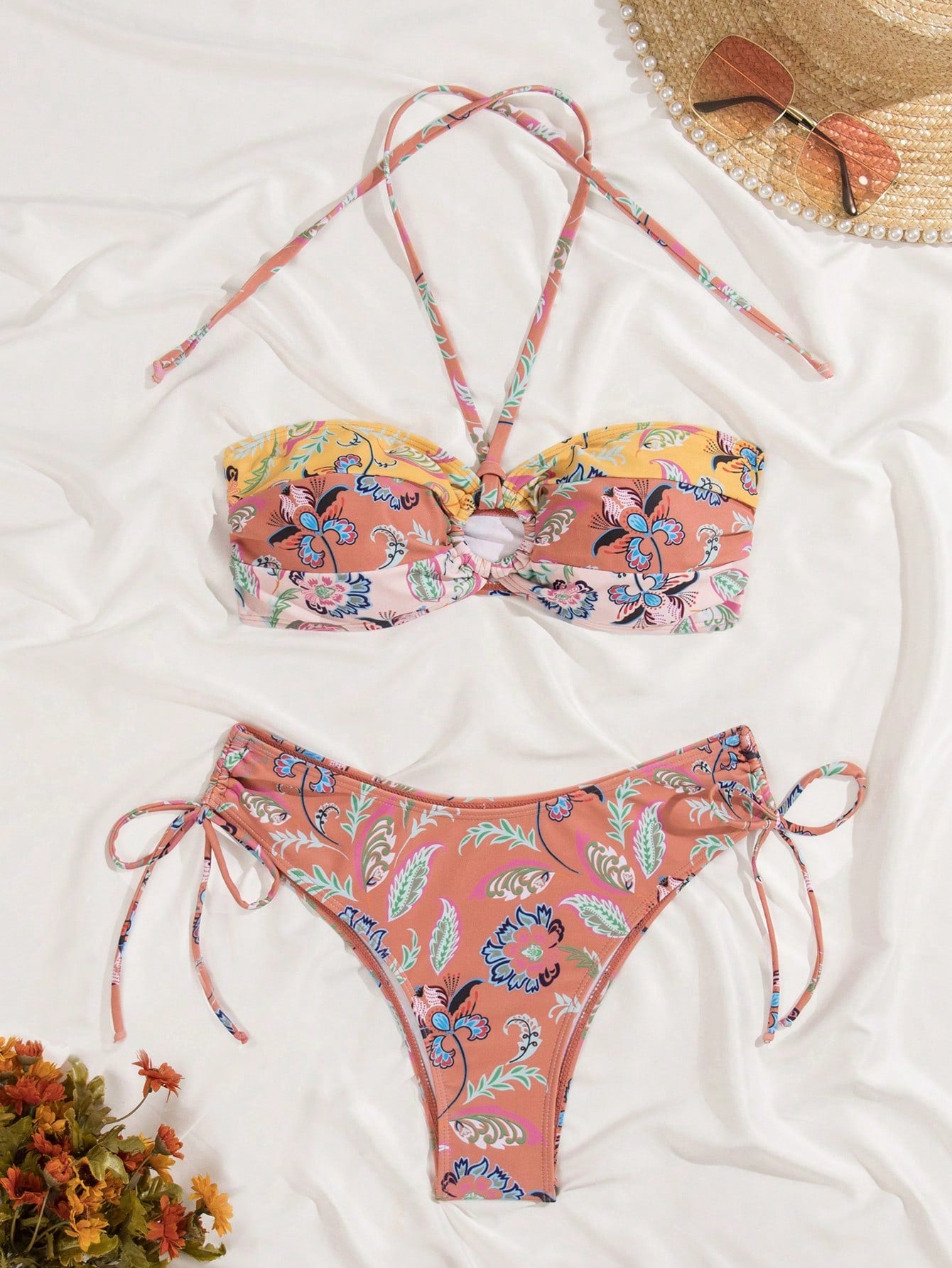 Plant Printed Drawstring Side Bikini Set Carnival